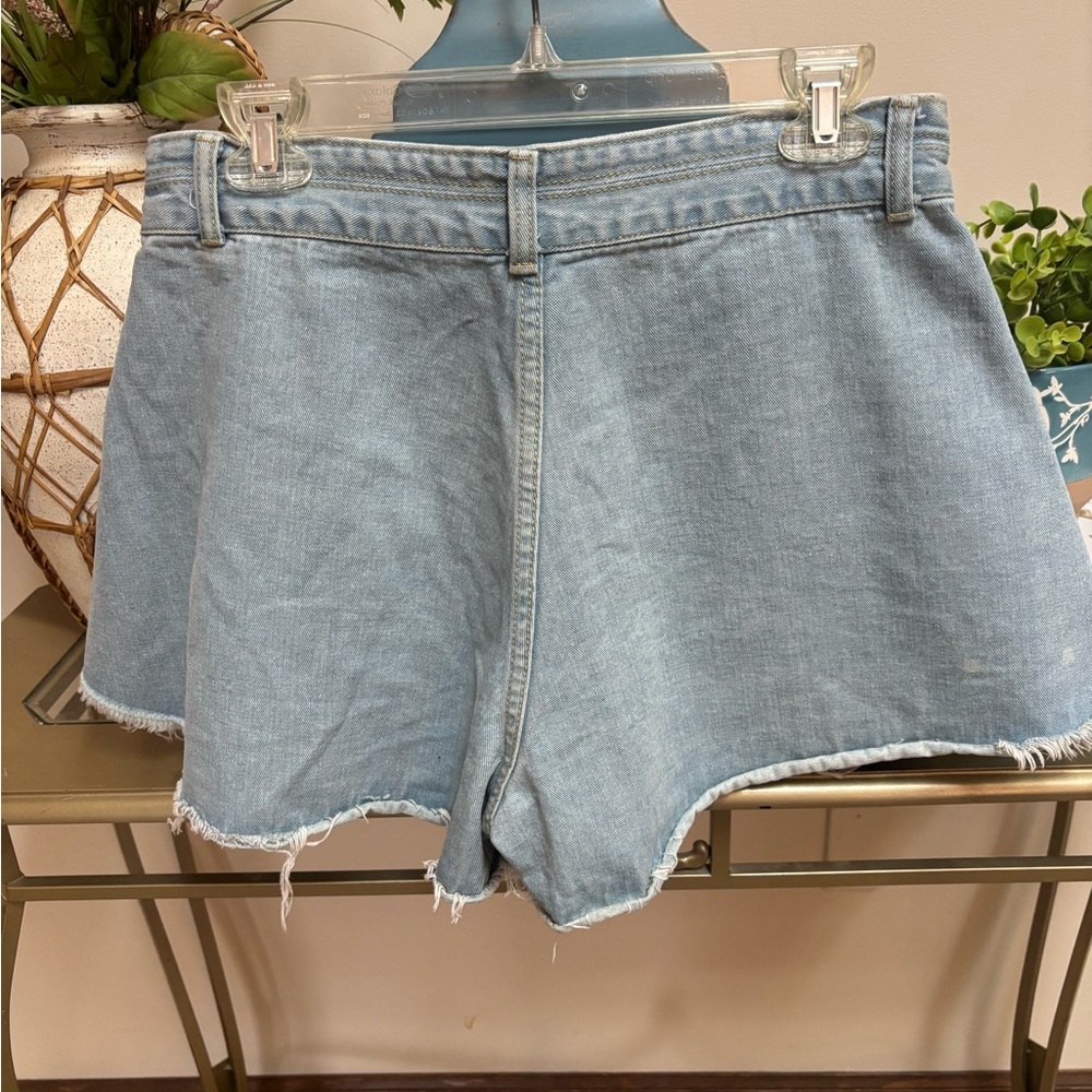 BLUE DENIM MINI HIGH RISE FLARED WIDE LEG FRAYED RAW HEM SHORTS SIZE XL - Picture 8 of 9